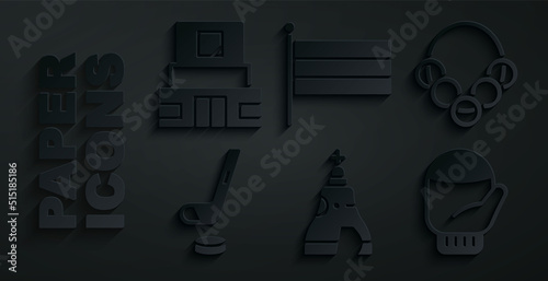 Set The Tsar bell, Russian bagels, Ice hockey stick and puck, Christmas mitten, National flag and Mausoleum of Lenin icon. Vector