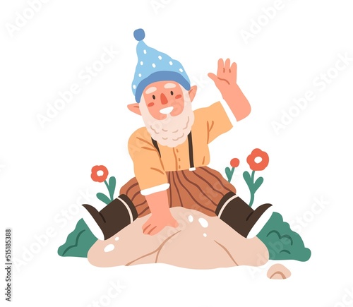 Cute happy gnome smiling, having fun, joy. Funny fairy dwarf laughing, waving with hand. Excited joyful elf, bearded man. Fairytale kids flat vector illustration isolated on white background