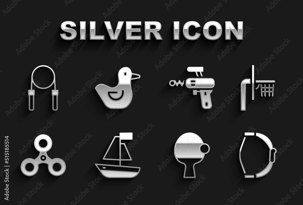 Set Toy boat, Basketball backboard, Bow toy, Racket and, Fidget spinner, Ray gun, Jump rope and Rubber duck icon. Vector Set Toy boat, Basketball backboard, Bow toy, Racket and, Fidget spinner, Ray gun, Jump rope and Rubber duck icon. Vector