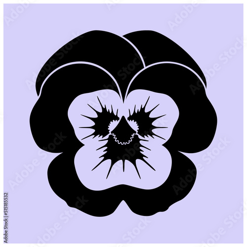 Pansy flower. Black vector flower silhouette isolated on lilac background.