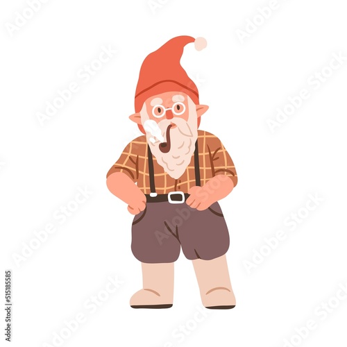 Cute fairytale gnome in cap smoking pipe. Old garden dwarf in eyeglasses. Senior bearded man in pointed hat and braces. Fairy tale flat vector illustration isolated on white background