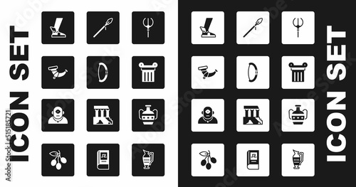 Set Neptune Trident, Medieval bow, Hunting horn, Hermes sandal, Ancient column, spear, amphorae and Cyclops icon. Vector