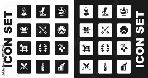 Set Broken amphorae, Crossed arrows, Body armor, Ancient bust sculpture, Greek shield, Hermes sandal, Olives branch and Trojan horse icon. Vector