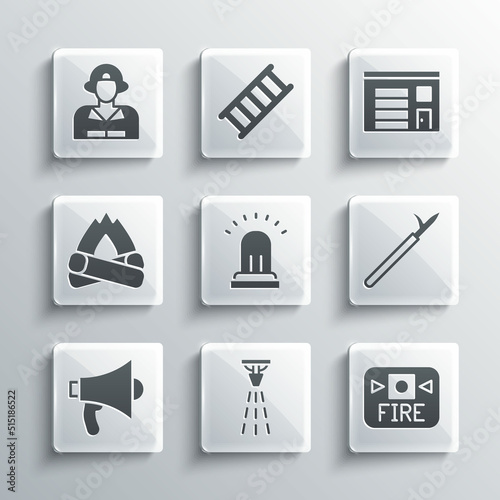 Set Fire sprinkler, alarm system, Metal pike pole, Ringing bell, Megaphone, Campfire, Firefighter and Building of station icon. Vector