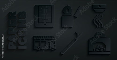 Set Metal pike pole, Smoke alarm system, Fire truck, Interior fireplace, Lighter and Evacuation plan icon. Vector