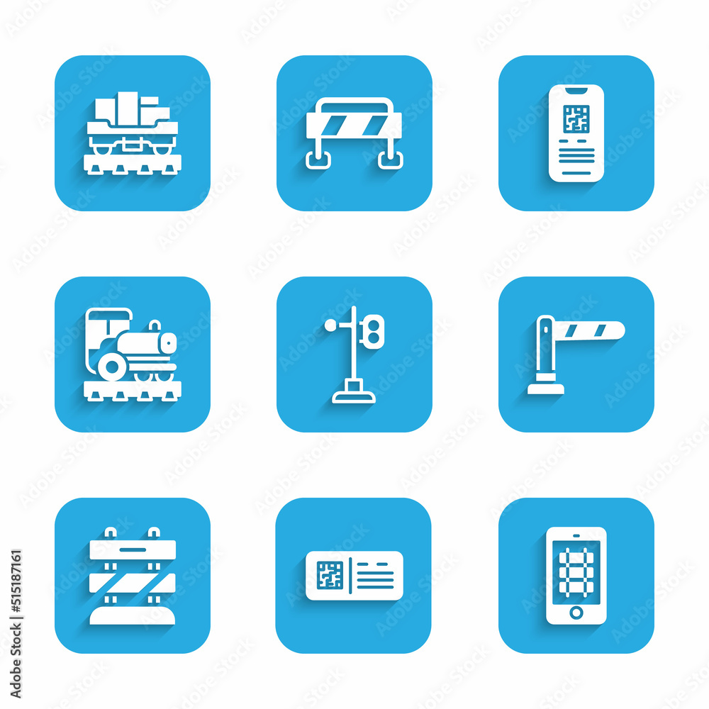 Set Train traffic light, QR code ticket train, Buy online, Railway barrier, End of railway tracks, Vintage locomotive, E-ticket and Cargo wagon icon. Vector Set Train traffic light, QR code ticket train, Buy online, Railway barrier, End of railway tracks, Vintage locomotive, E-ticket and Cargo wagon icon. Vector