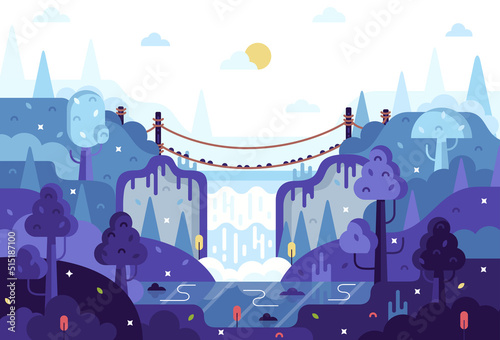 Nature park with suspension bridge, adventure and active travel, vector cartoon illustration in flat stile