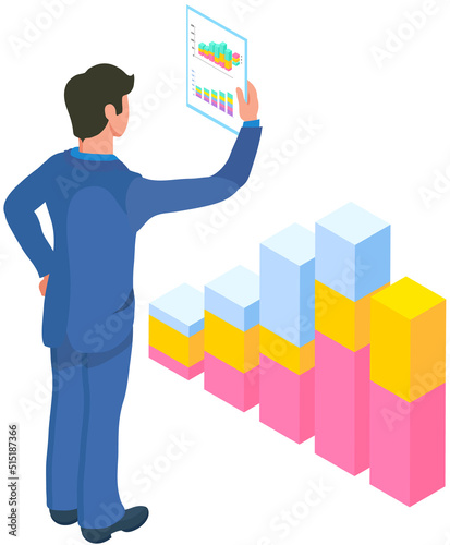Analytics information and development statistics. Web analysis measure, product testing technology. Man analyses dashboard seo optimization, digital report. Statistical indicators and data on diagram
