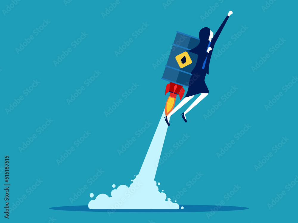Businesswoman flying with oil tank rocket. Starting a business with energy costs. vector illustration