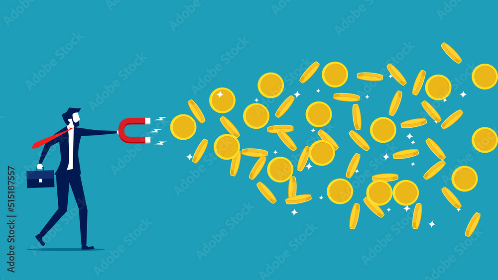 Businessmen use magnets to attract money. income generation. vector illustration