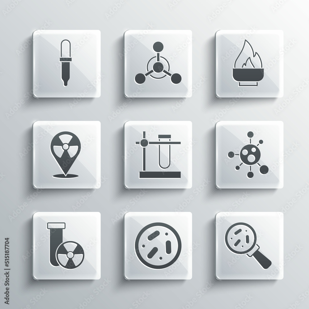 Set Petri dish with bacteria, Microorganisms under magnifier, Molecule, Test tube flask on stand, radiation, Radioactive in location, Pipette and Alcohol spirit burner icon. Vector