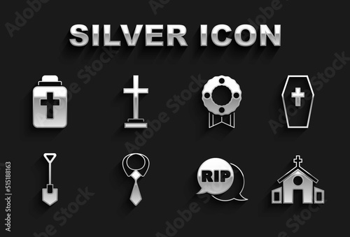 Set Tie, Coffin with cross, Church building, Speech bubble rip death, Shovel, Memorial wreath, Funeral urn and Grave icon. Vector