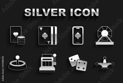 Set Slot machine, Lottery, Joker playing card, Game dice, Casino roulette wheel, Online poker table game, chip and cards and Deck of icon. Vector