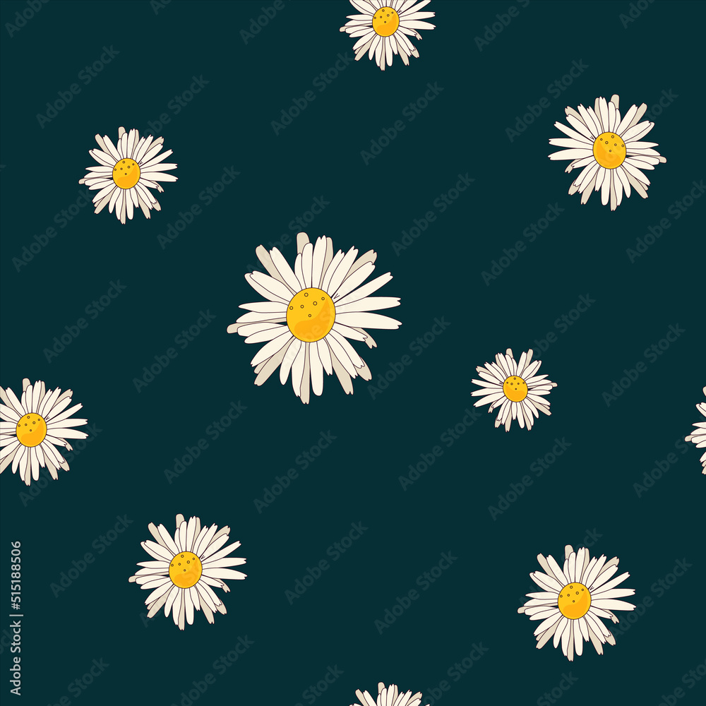 Seamless textile pattern daisies on a dark background. Vector illustration in doodle cartoon style. Seamless textile pattern daisies on a dark background. Vector illustration in doodle cartoon style.