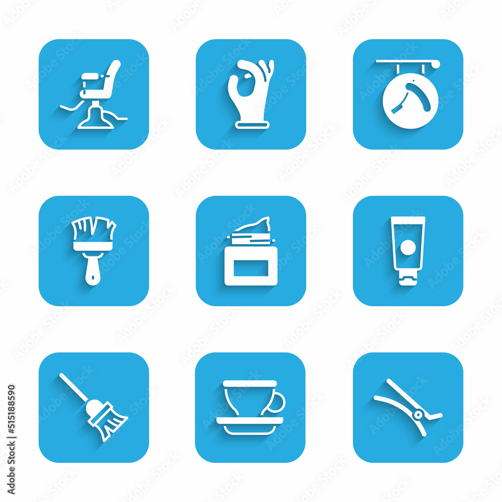 Set Cream cosmetic jar, Coffee cup, Hair clip, tube, Mop, Shaving brush, Barbershop with razor and chair icon. Vector Set Cream cosmetic jar, Coffee cup, Hair clip, tube, Mop, Shaving brush, Barbershop with razor and chair icon. Vector