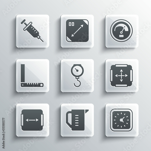 Set Measuring cup, Clock, Area measurement, Hand scale spring mechanical, Corner ruler, Syringe and Speedometer icon. Vector