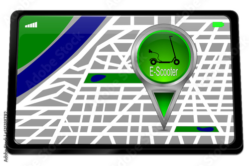 Tablet computer with E-Scooter Map Pointer - 3D illustration