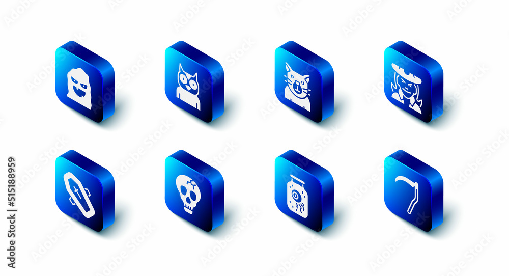 Set Owl bird, Cat, Witch, Scythe, Eye in jar, Skull, Coffin with cross and Funny and scary ghost mask icon. Vector Set Owl bird, Cat, Witch, Scythe, Eye in jar, Skull, Coffin with cross and Funny and scary ghost mask icon. Vector
