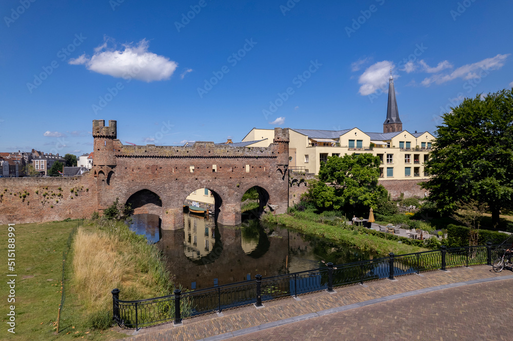 Fototapeta premium Berkelpoort entrance supply boat portal to historic city centre of Hanseatic Zutphen in The Netherlands seen from above