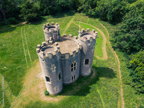 Aerial view of stone castle towers - Blaise Castle estate, Bristol, UK