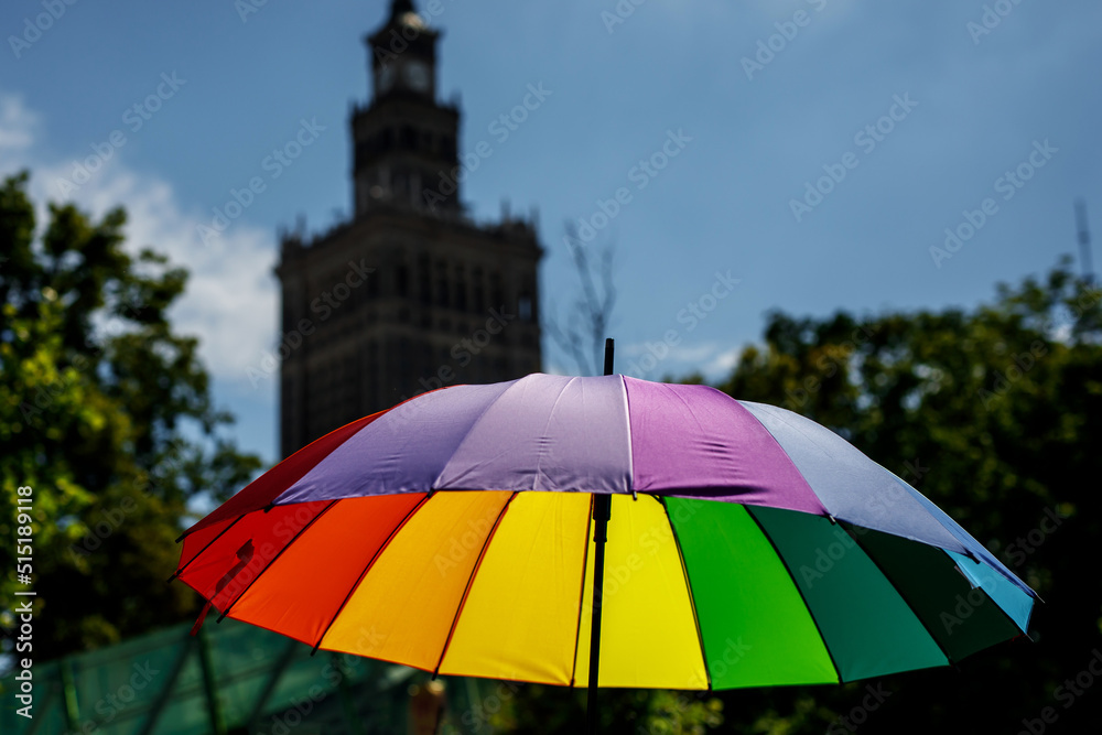 Rainbow umbrella in the city. Lgbt pride.