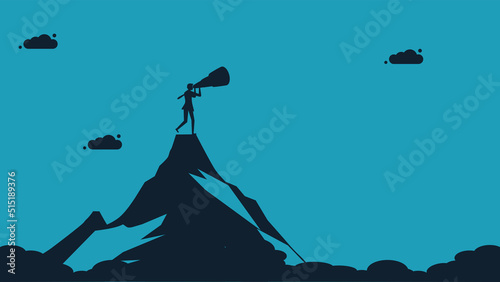 Silhouette of a man with binoculars looking into the mountains. vector illustration eps