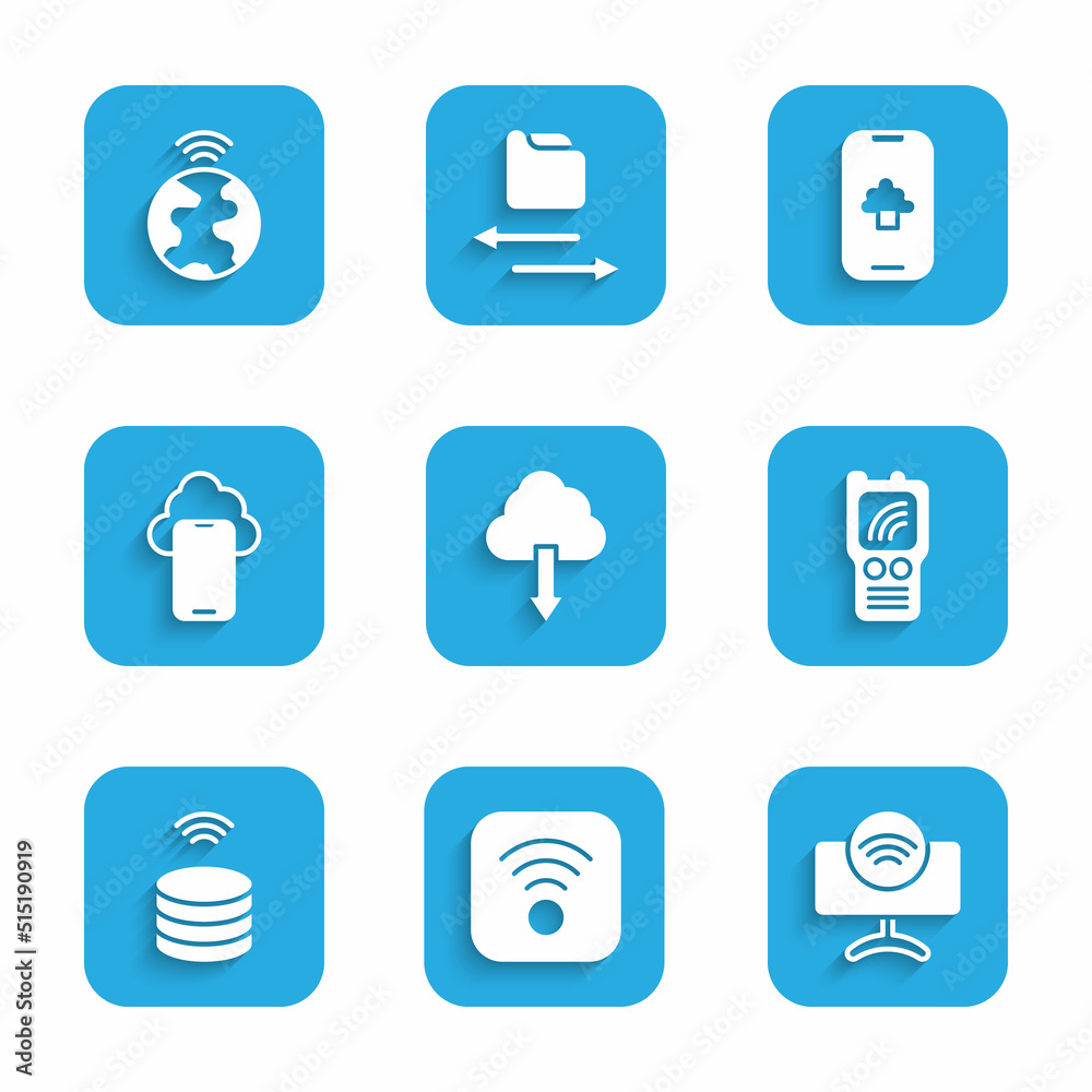 Set Cloud download, Wi-Fi wireless internet, Smart Tv system, Walkie talkie, data server, technology, and Global icon. Vector Set Cloud download, Wi-Fi wireless internet, Smart Tv system, Walkie talkie, data server, technology, and Global icon. Vector