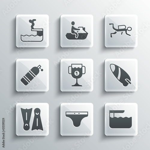 Set Swimming trunks, Diving board or springboard, Surfboard, Award cup, Flippers for swimming, Aqualung, Swimmer diving into pool and Scuba diver icon. Vector