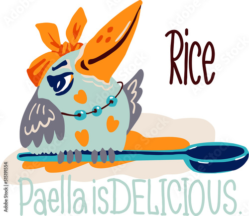 A humanized bird mistress of the kitchen prepares paella rice.