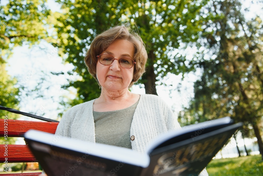 Obraz premium Retired woman reading a book on the bench