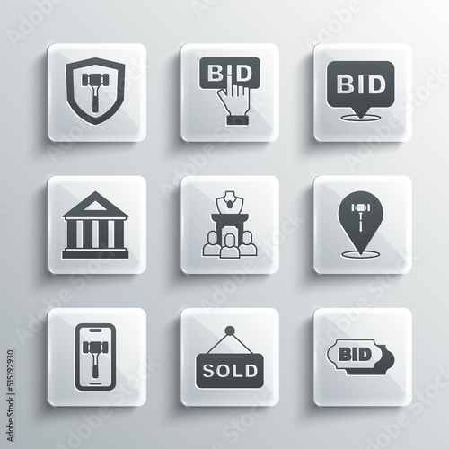 Set Auction sold, Bid, hammer, jewelry sale, Online auction, Museum building, and icon. Vector