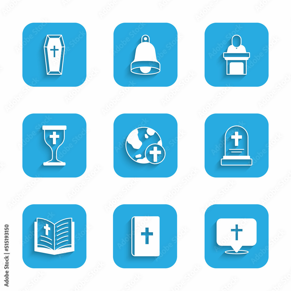 Set Christian cross with globe, Holy bible book, Location church building, Grave tombstone, chalice, Church pastor preaching and Coffin icon. Vector Set Christian cross with globe, Holy bible book, Location church building, Grave tombstone, chalice, Church pastor preaching and Coffin icon. Vector