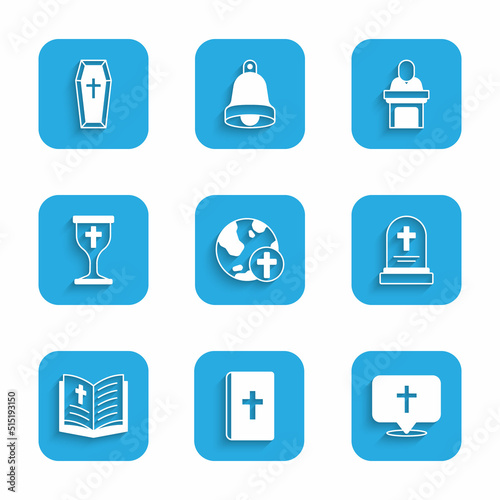 Set Christian cross with globe, Holy bible book, Location church building, Grave tombstone, chalice, Church pastor preaching and Coffin icon. Vector