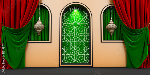 moroccan arc door with green and red curtains on the side and arabesque style  islamic vip concept  ramadan  eid mubarak  green and red curtains  3D render