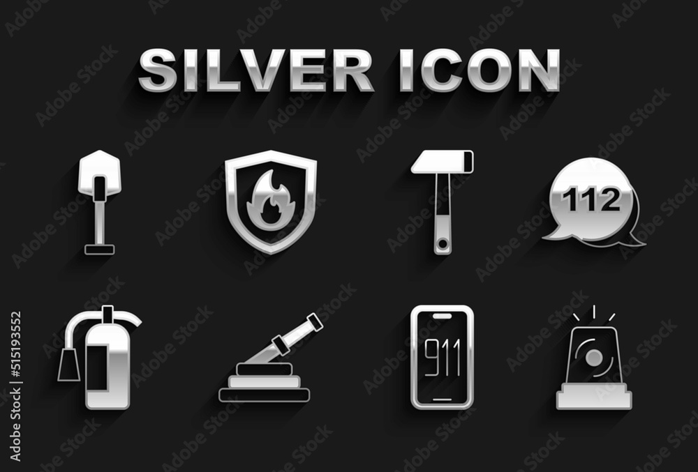 Set Fire hose reel, Emergency call, Flasher siren, Mobile emergency 911, extinguisher, Hammer, shovel and protection shield icon. Vector Set Fire hose reel, Emergency call, Flasher siren, Mobile emergency 911, extinguisher, Hammer, shovel and protection shield icon. Vector