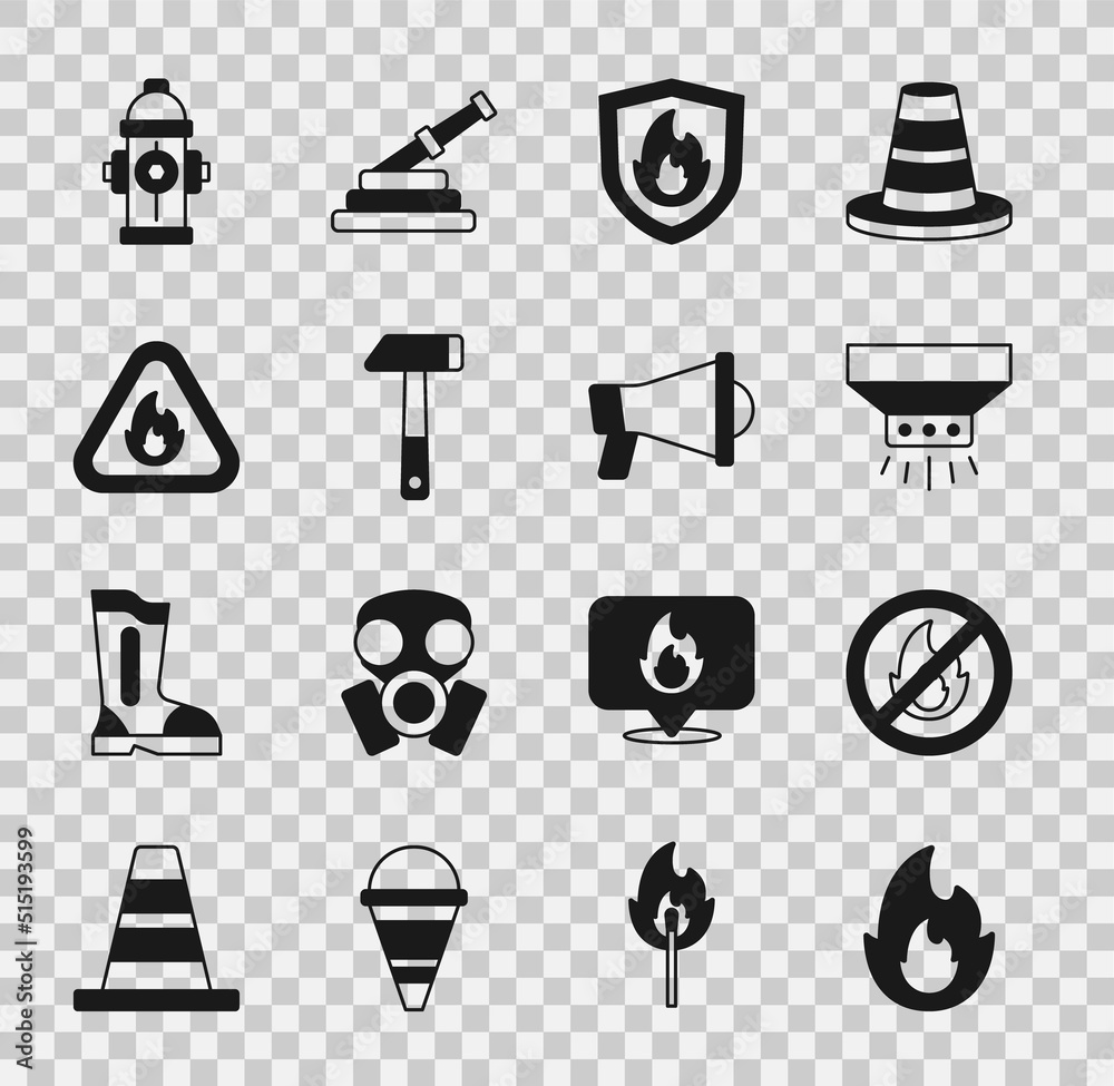 Fototapeta premium Set Fire flame, No fire, sprinkler system, protection shield, Hammer, triangle, hydrant and Megaphone icon. Vector