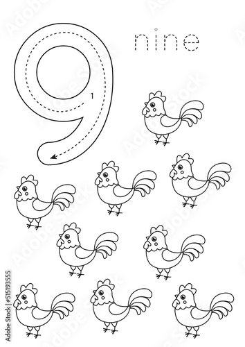 Flashcard number 9. Preschool worksheet. Black and white farm animals.