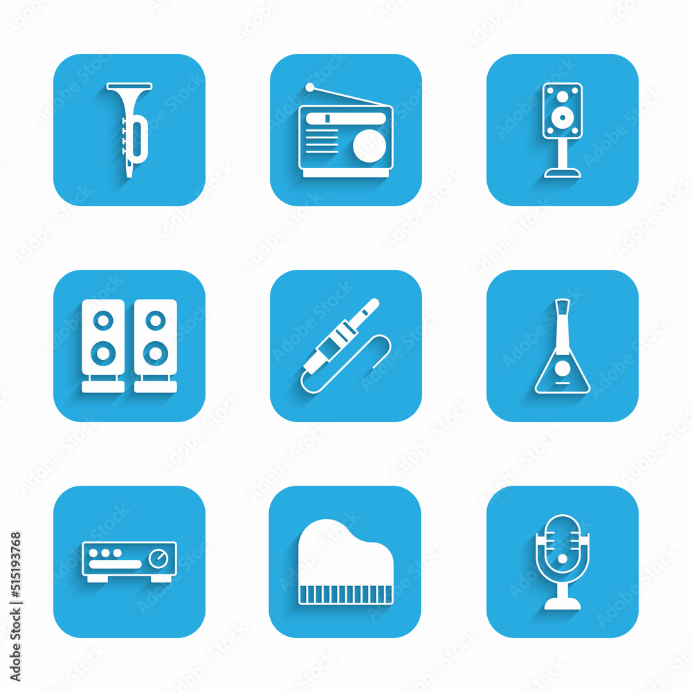 Set Audio jack, Grand piano, Microphone, Balalaika, Sound mixer controller, Stereo speaker, and Trumpet icon. Vector Set Audio jack, Grand piano, Microphone, Balalaika, Sound mixer controller, Stereo speaker, and Trumpet icon. Vector