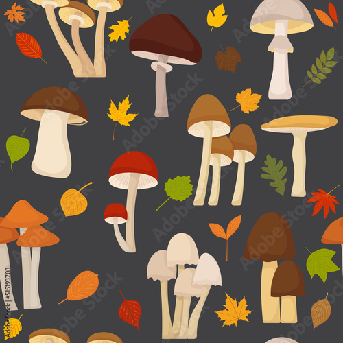 mushrooms seamless gray background, vector