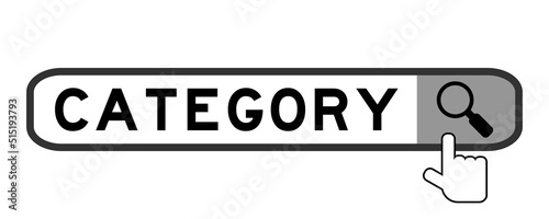 Search banner in word category with hand over magnifier icon on white background