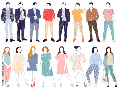 set of doodle man and woman outline sketch isolated, vector