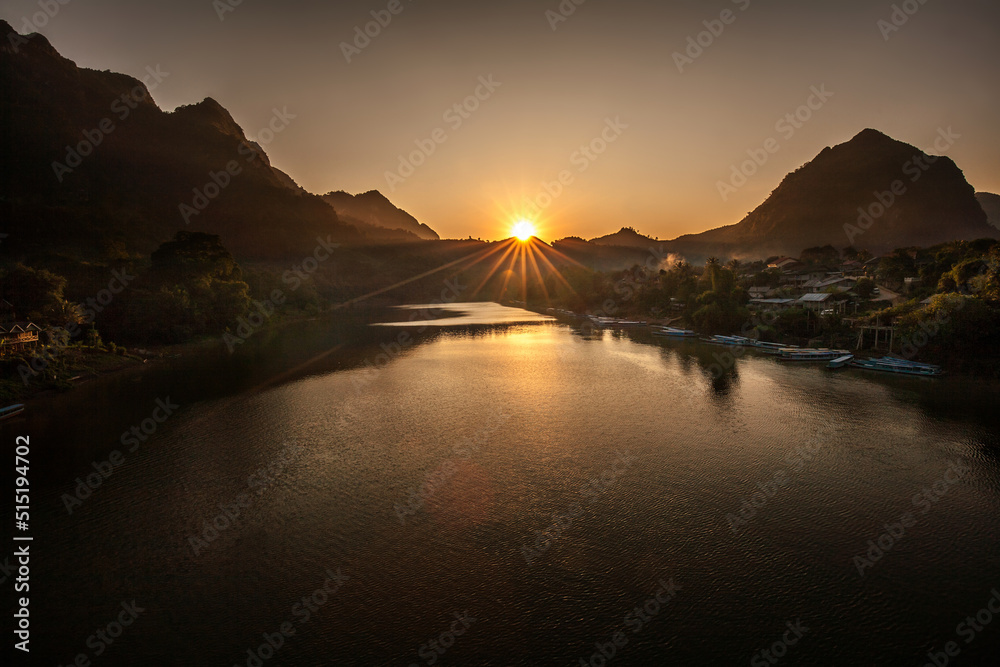 Sunset over Nam Ou River at Nong Khiaw District, Northern Laos