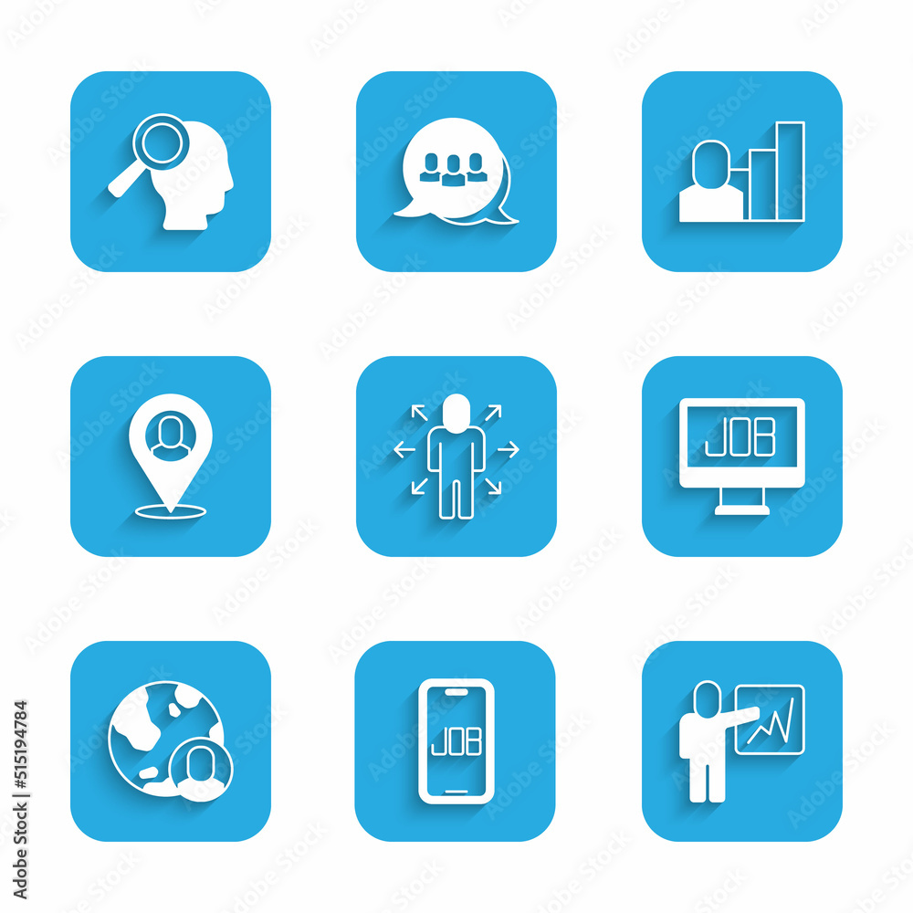 Set Multitasking manager working, Search job, Leader of team of executives, Globe and people, Worker location, Productive human and Magnifying glass for search icon. Vector Set Multitasking manager working, Search job, Leader of team of executives, Globe and people, Worker location, Productive human and Magnifying glass for search icon. Vector