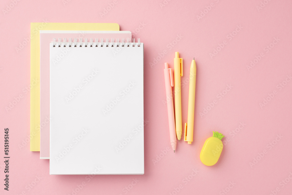 Back to school concept. Top view photo of school supplies stack of planners pens and pineapple shaped sharpener on isolated pink background with blank space Back to school concept. Top view photo of school supplies stack of planners pens and pineapple shaped sharpener on isolated pink background with blank space