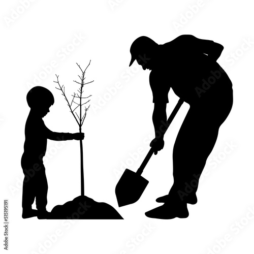 Planting tree and landscaping. Silhouettes of man with shovel and child with bare tree. Vector illustration