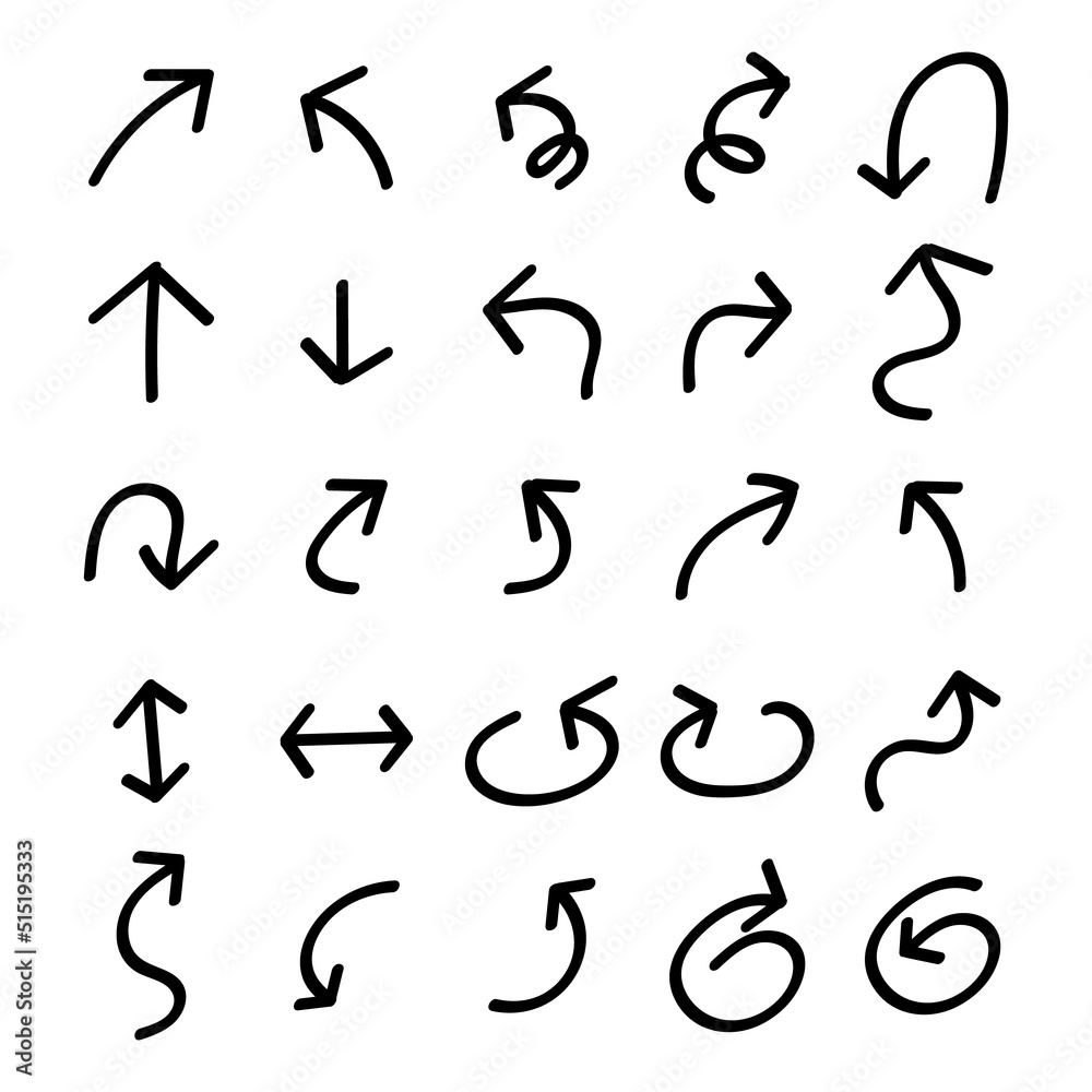 Set of black handdrawing in multiple shape of arrow symbol on white background Set of black handdrawing in multiple shape of arrow symbol on white background
