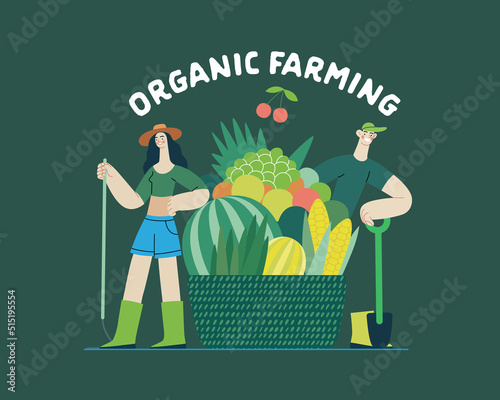 Ecology - Organic farming -Modern flat vector concept illustration of ecology metaphor, a man and a woman with harvest in the basket. Creative landing web page template