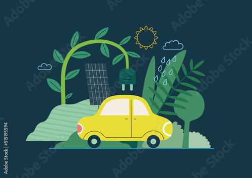 Ecology - Electric car -Modern flat vector concept illustration of Solar panels and an electric car. Renewable energy metaphor. Creative landing web page template