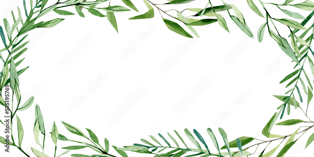 Fototapeta premium Greenery botanical seamless border design. Horizontal herbal banners with leaves abd branches on white background for wedding invitation, business products.