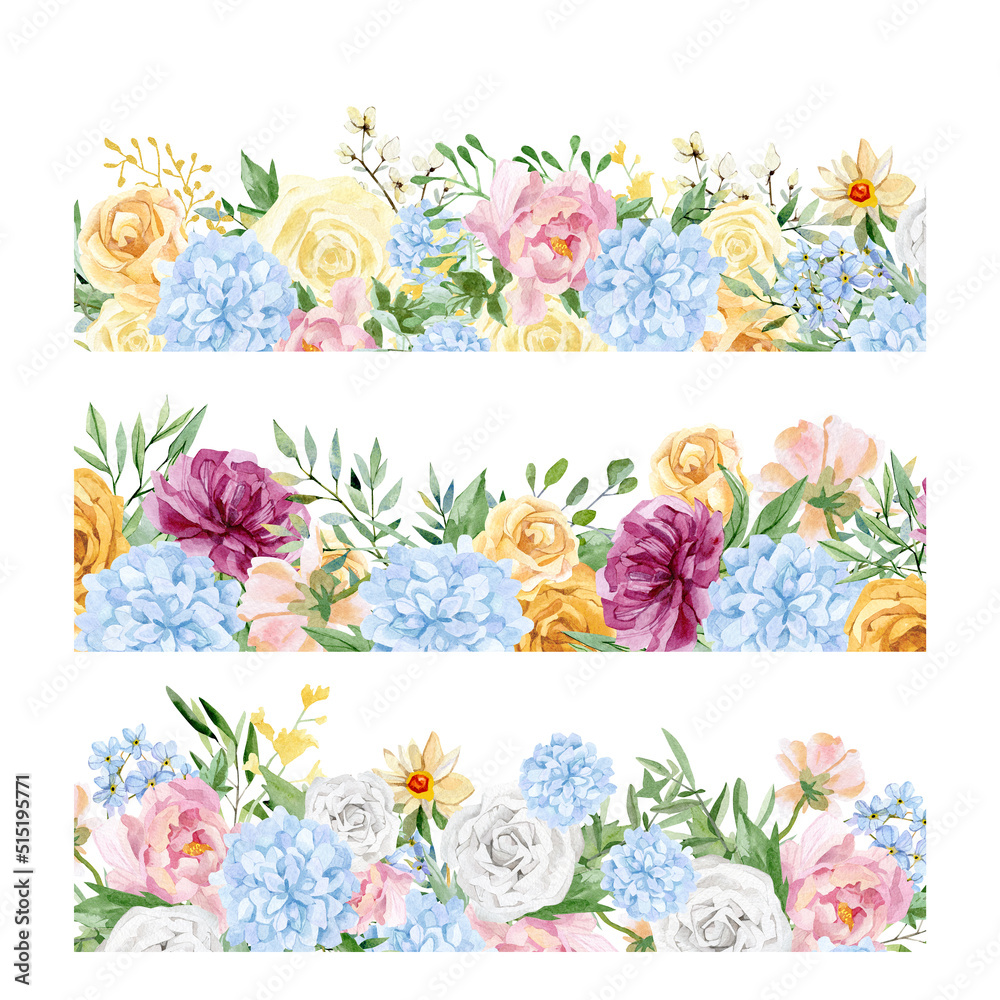 Watercolor floral border frame. Beautiful flowers roses and peonies
